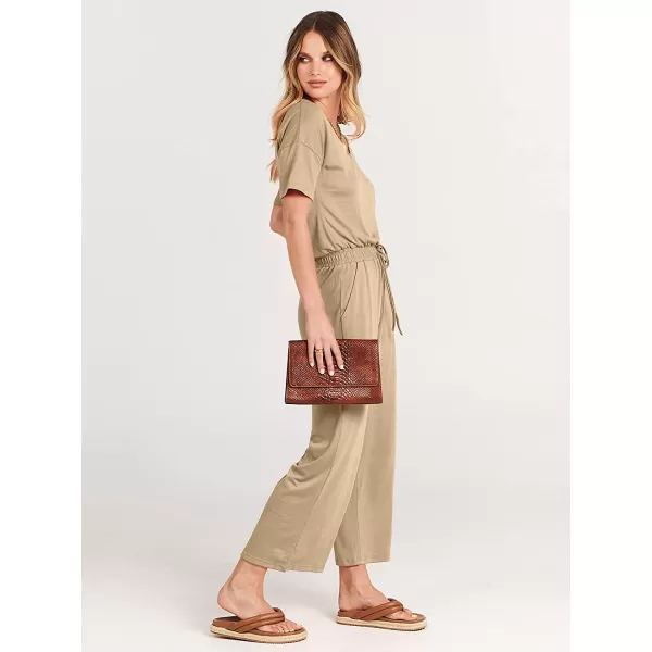 imageANRABESS Women Short Sleeve Summer Casual V Neck Elastic Waist Wide Leg Cropped Pant Jumpsuits Rompers with Pockets00khaki
