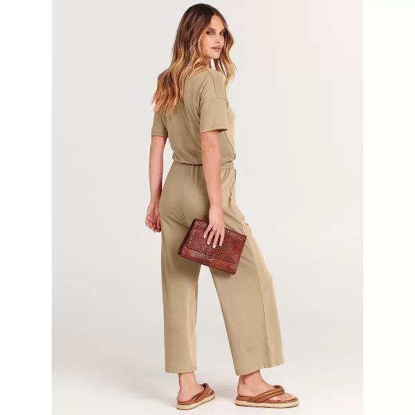 imageANRABESS Women Short Sleeve Summer Casual V Neck Elastic Waist Wide Leg Cropped Pant Jumpsuits Rompers with Pockets00khaki