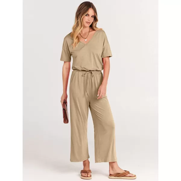 imageANRABESS Women Short Sleeve Summer Casual V Neck Elastic Waist Wide Leg Cropped Pant Jumpsuits Rompers with Pockets00khaki