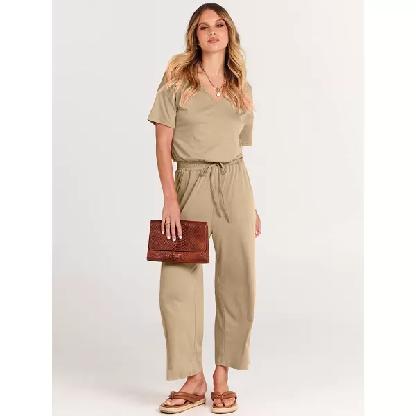 imageANRABESS Women Short Sleeve Summer Casual V Neck Elastic Waist Wide Leg Cropped Pant Jumpsuits Rompers with Pockets00khaki