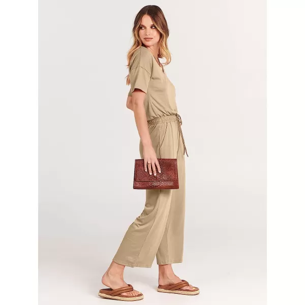 imageANRABESS Women Short Sleeve Summer Casual V Neck Elastic Waist Wide Leg Cropped Pant Jumpsuits Rompers with Pockets00khaki
