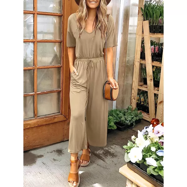 imageANRABESS Women Short Sleeve Summer Casual V Neck Elastic Waist Wide Leg Cropped Pant Jumpsuits Rompers with Pockets00khaki