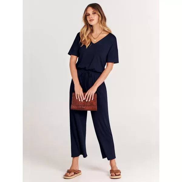imageANRABESS Women Short Sleeve Summer Casual V Neck Elastic Waist Wide Leg Cropped Pant Jumpsuits Rompers with Pockets01blue