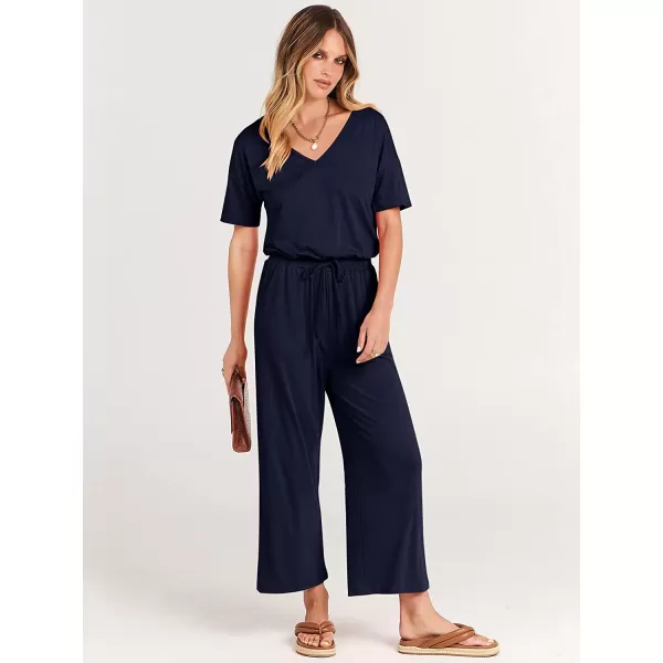 imageANRABESS Women Short Sleeve Summer Casual V Neck Elastic Waist Wide Leg Cropped Pant Jumpsuits Rompers with Pockets01blue