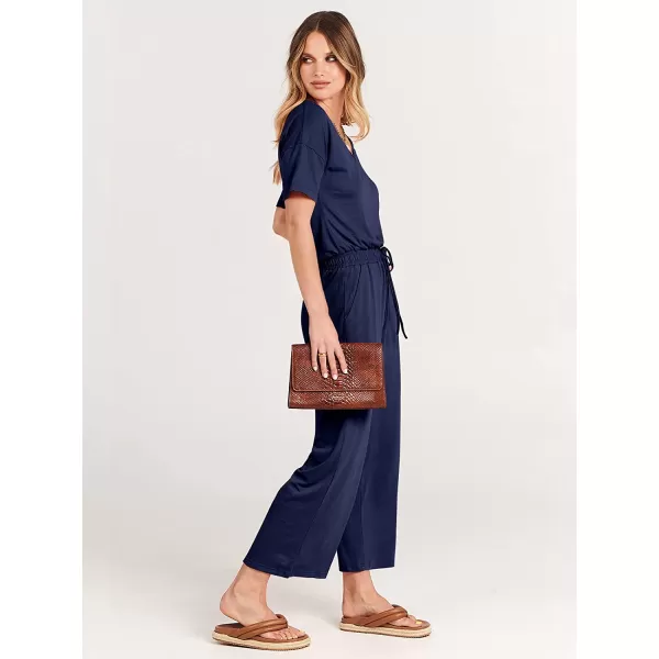 imageANRABESS Women Short Sleeve Summer Casual V Neck Elastic Waist Wide Leg Cropped Pant Jumpsuits Rompers with Pockets01blue