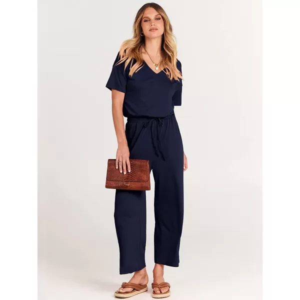 imageANRABESS Women Short Sleeve Summer Casual V Neck Elastic Waist Wide Leg Cropped Pant Jumpsuits Rompers with Pockets01blue