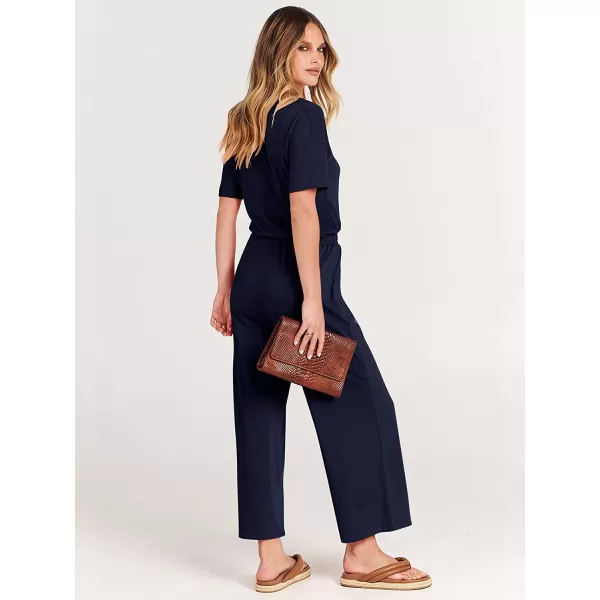 imageANRABESS Women Short Sleeve Summer Casual V Neck Elastic Waist Wide Leg Cropped Pant Jumpsuits Rompers with Pockets01blue