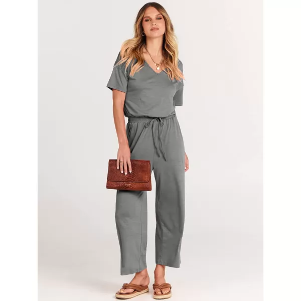 imageANRABESS Women Short Sleeve Summer Casual V Neck Elastic Waist Wide Leg Cropped Pant Jumpsuits Rompers with Pockets01dark Gray