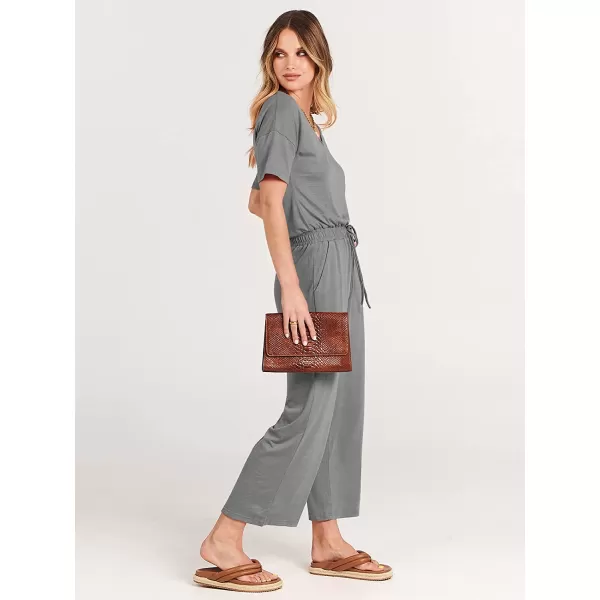 imageANRABESS Women Short Sleeve Summer Casual V Neck Elastic Waist Wide Leg Cropped Pant Jumpsuits Rompers with Pockets01dark Gray