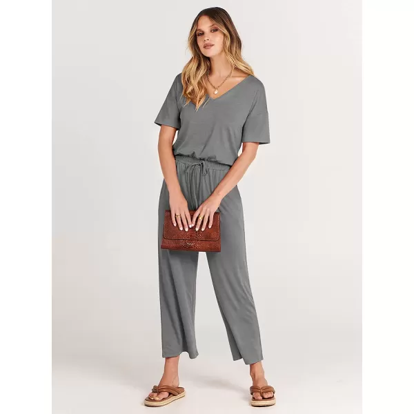 imageANRABESS Women Short Sleeve Summer Casual V Neck Elastic Waist Wide Leg Cropped Pant Jumpsuits Rompers with Pockets01dark Gray