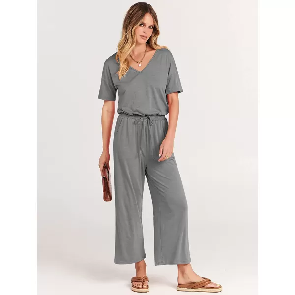 imageANRABESS Women Short Sleeve Summer Casual V Neck Elastic Waist Wide Leg Cropped Pant Jumpsuits Rompers with Pockets01dark Gray
