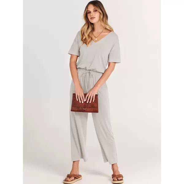 imageANRABESS Women Short Sleeve Summer Casual V Neck Elastic Waist Wide Leg Cropped Pant Jumpsuits Rompers with Pockets02light Gray