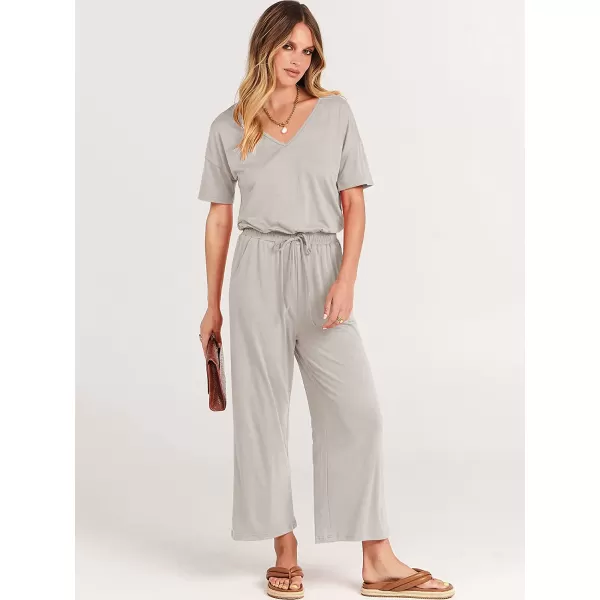 imageANRABESS Women Short Sleeve Summer Casual V Neck Elastic Waist Wide Leg Cropped Pant Jumpsuits Rompers with Pockets02light Gray