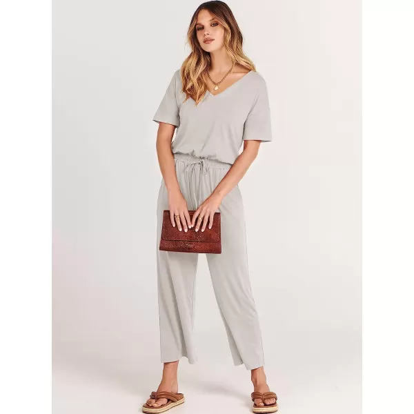 imageANRABESS Women Short Sleeve Summer Casual V Neck Elastic Waist Wide Leg Cropped Pant Jumpsuits Rompers with Pockets02light Gray
