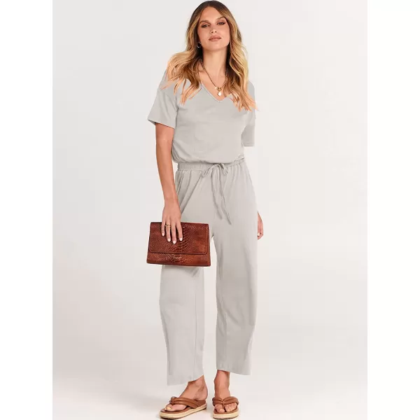 imageANRABESS Women Short Sleeve Summer Casual V Neck Elastic Waist Wide Leg Cropped Pant Jumpsuits Rompers with Pockets02light Gray