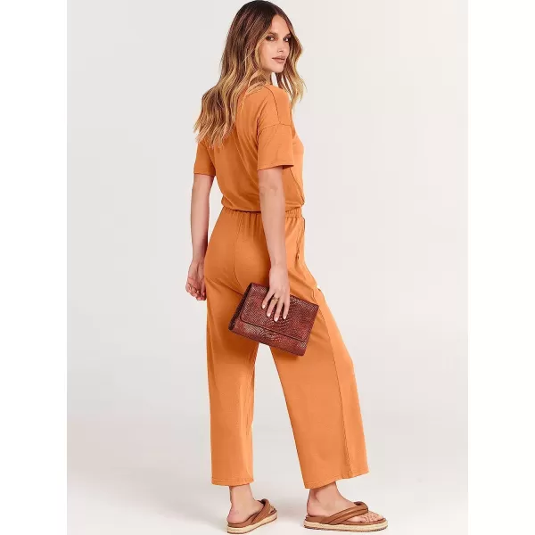 imageANRABESS Women Short Sleeve Summer Casual V Neck Elastic Waist Wide Leg Cropped Pant Jumpsuits Rompers with Pockets02orange