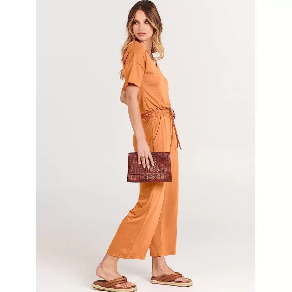 imageANRABESS Women Short Sleeve Summer Casual V Neck Elastic Waist Wide Leg Cropped Pant Jumpsuits Rompers with Pockets02orange