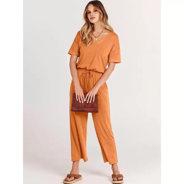 imageANRABESS Women Short Sleeve Summer Casual V Neck Elastic Waist Wide Leg Cropped Pant Jumpsuits Rompers with Pockets02orange