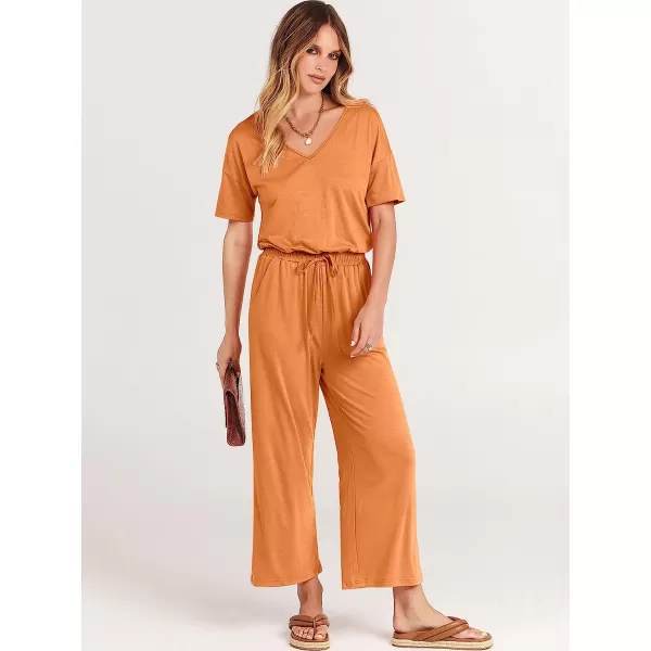 imageANRABESS Women Short Sleeve Summer Casual V Neck Elastic Waist Wide Leg Cropped Pant Jumpsuits Rompers with Pockets02orange