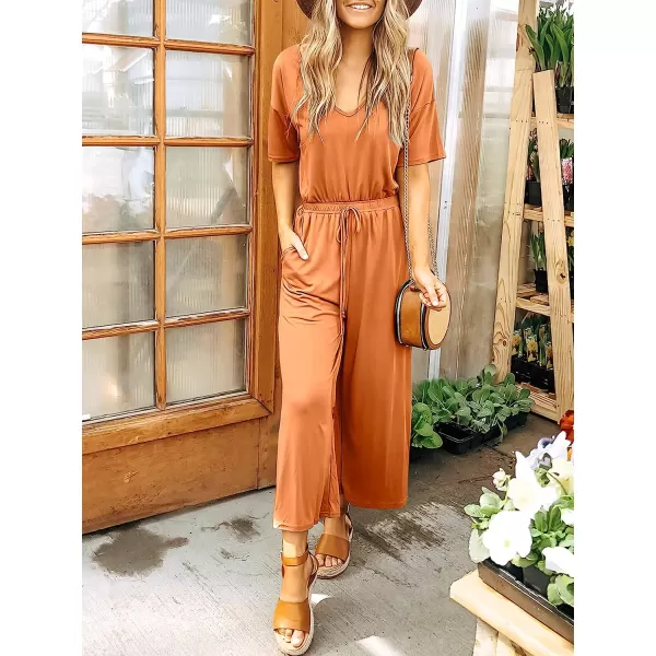 imageANRABESS Women Short Sleeve Summer Casual V Neck Elastic Waist Wide Leg Cropped Pant Jumpsuits Rompers with Pockets02orange