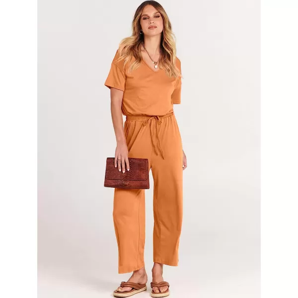 imageANRABESS Women Short Sleeve Summer Casual V Neck Elastic Waist Wide Leg Cropped Pant Jumpsuits Rompers with Pockets02orange