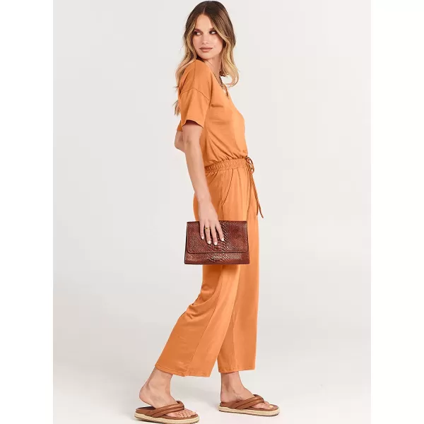 imageANRABESS Women Short Sleeve Summer Casual V Neck Elastic Waist Wide Leg Cropped Pant Jumpsuits Rompers with Pockets02orange