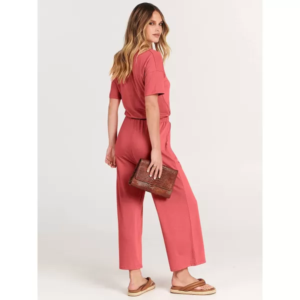 imageANRABESS Women Short Sleeve Summer Casual V Neck Elastic Waist Wide Leg Cropped Pant Jumpsuits Rompers with Pockets02peach