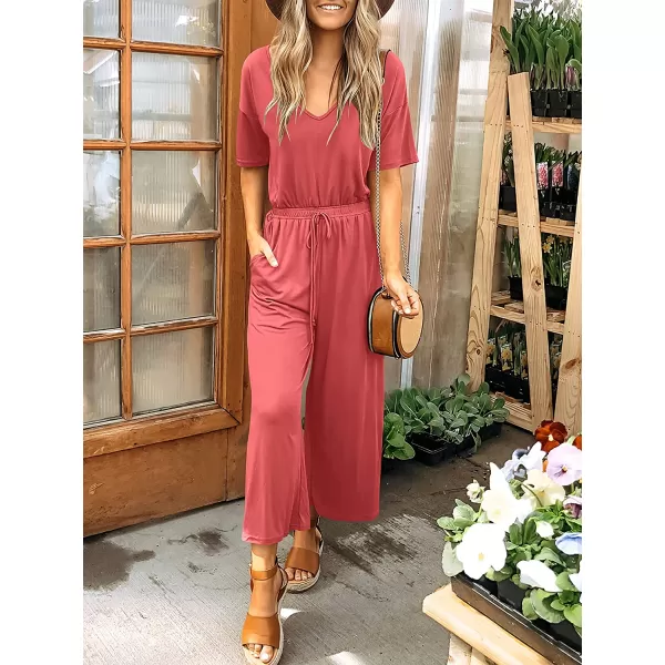 imageANRABESS Women Short Sleeve Summer Casual V Neck Elastic Waist Wide Leg Cropped Pant Jumpsuits Rompers with Pockets02peach