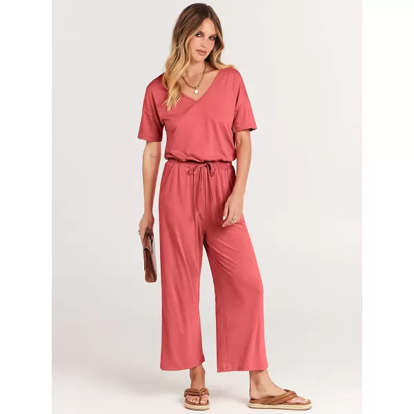 imageANRABESS Women Short Sleeve Summer Casual V Neck Elastic Waist Wide Leg Cropped Pant Jumpsuits Rompers with Pockets02peach