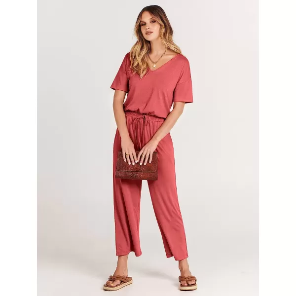 imageANRABESS Women Short Sleeve Summer Casual V Neck Elastic Waist Wide Leg Cropped Pant Jumpsuits Rompers with Pockets02peach