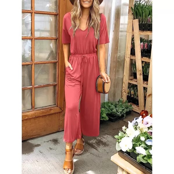 imageANRABESS Women Short Sleeve Summer Casual V Neck Elastic Waist Wide Leg Cropped Pant Jumpsuits Rompers with Pockets02peach