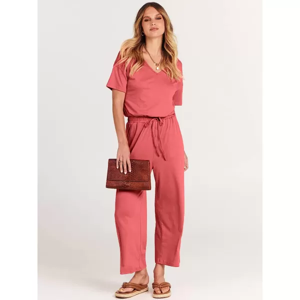 imageANRABESS Women Short Sleeve Summer Casual V Neck Elastic Waist Wide Leg Cropped Pant Jumpsuits Rompers with Pockets02peach