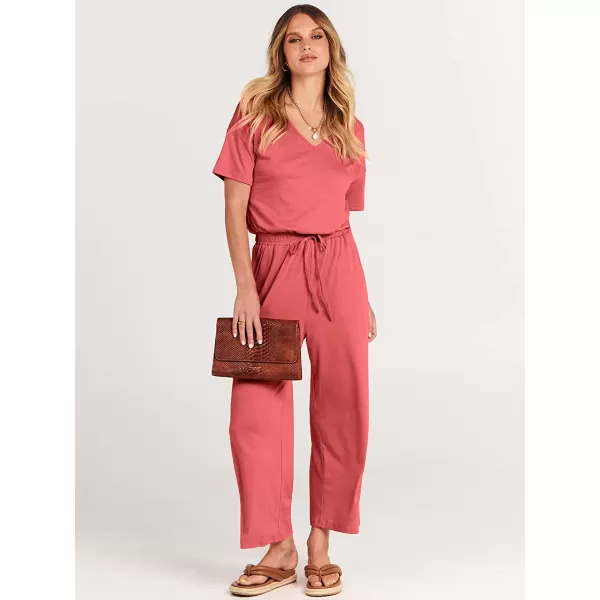 imageANRABESS Women Short Sleeve Summer Casual V Neck Elastic Waist Wide Leg Cropped Pant Jumpsuits Rompers with Pockets02peach
