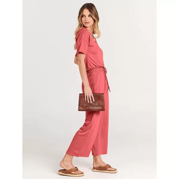 imageANRABESS Women Short Sleeve Summer Casual V Neck Elastic Waist Wide Leg Cropped Pant Jumpsuits Rompers with Pockets02peach