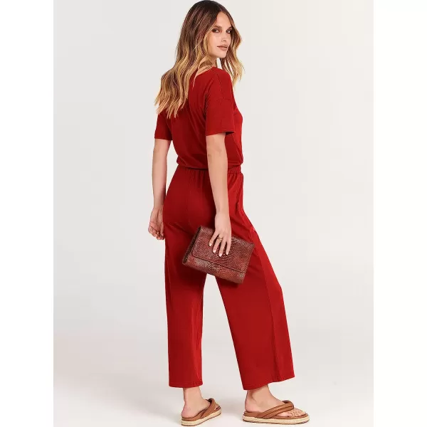 imageANRABESS Women Short Sleeve Summer Casual V Neck Elastic Waist Wide Leg Cropped Pant Jumpsuits Rompers with Pockets02red