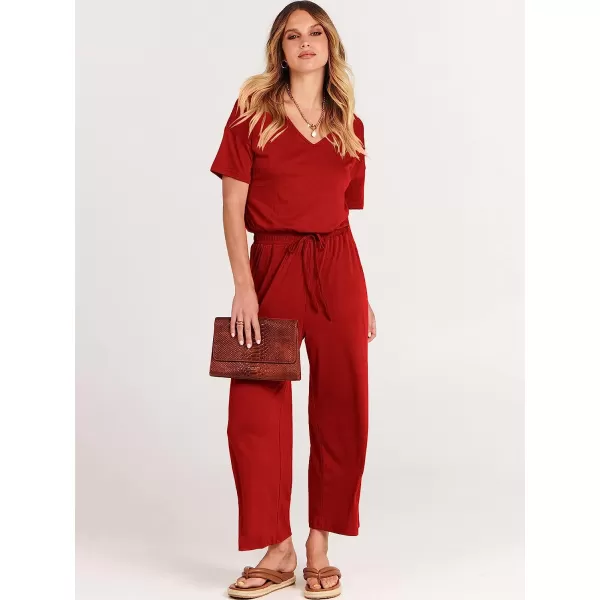 imageANRABESS Women Short Sleeve Summer Casual V Neck Elastic Waist Wide Leg Cropped Pant Jumpsuits Rompers with Pockets02red