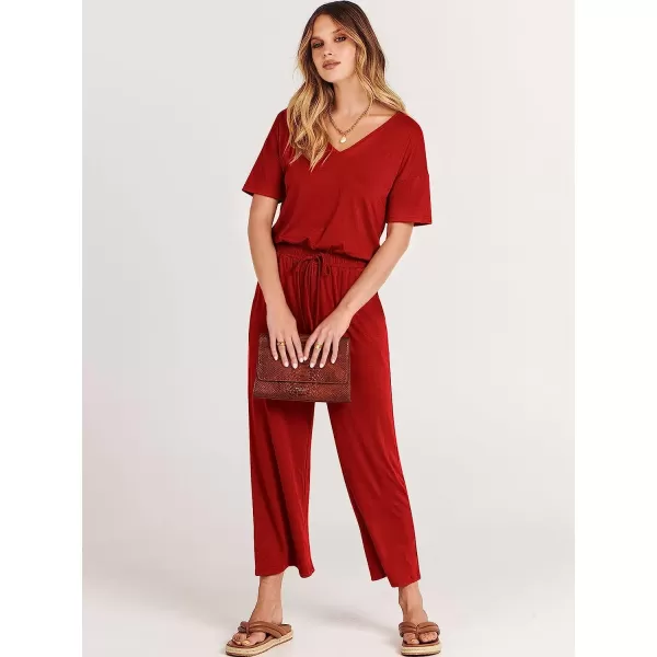 imageANRABESS Women Short Sleeve Summer Casual V Neck Elastic Waist Wide Leg Cropped Pant Jumpsuits Rompers with Pockets02red