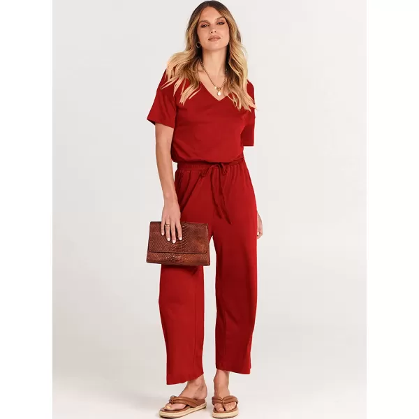 imageANRABESS Women Short Sleeve Summer Casual V Neck Elastic Waist Wide Leg Cropped Pant Jumpsuits Rompers with Pockets02red