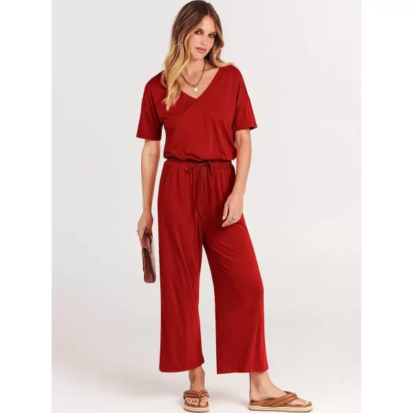 imageANRABESS Women Short Sleeve Summer Casual V Neck Elastic Waist Wide Leg Cropped Pant Jumpsuits Rompers with Pockets02red