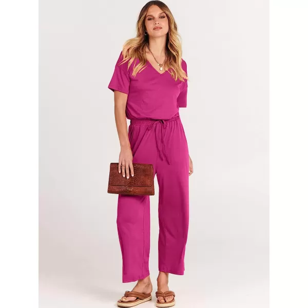 imageANRABESS Women Short Sleeve Summer Casual V Neck Elastic Waist Wide Leg Cropped Pant Jumpsuits Rompers with Pockets02rose