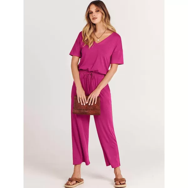 imageANRABESS Women Short Sleeve Summer Casual V Neck Elastic Waist Wide Leg Cropped Pant Jumpsuits Rompers with Pockets02rose