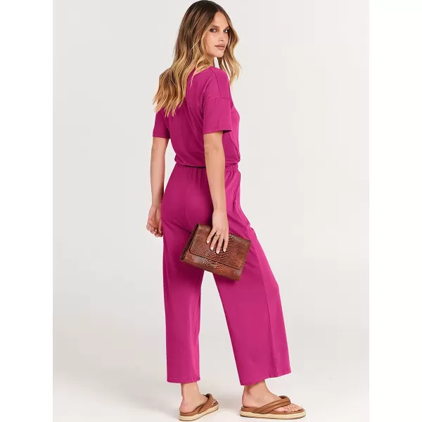 imageANRABESS Women Short Sleeve Summer Casual V Neck Elastic Waist Wide Leg Cropped Pant Jumpsuits Rompers with Pockets02rose
