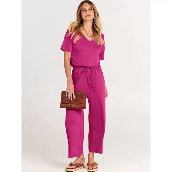 imageANRABESS Women Short Sleeve Summer Casual V Neck Elastic Waist Wide Leg Cropped Pant Jumpsuits Rompers with Pockets02rose