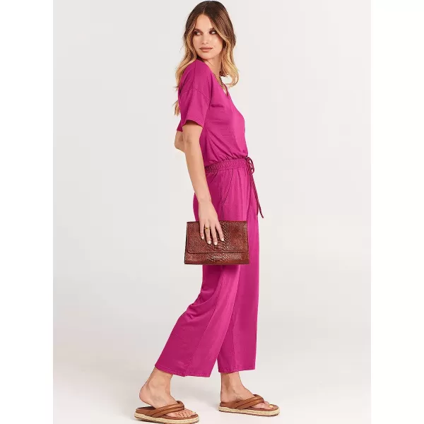 imageANRABESS Women Short Sleeve Summer Casual V Neck Elastic Waist Wide Leg Cropped Pant Jumpsuits Rompers with Pockets02rose