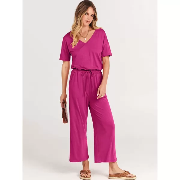 imageANRABESS Women Short Sleeve Summer Casual V Neck Elastic Waist Wide Leg Cropped Pant Jumpsuits Rompers with Pockets02rose