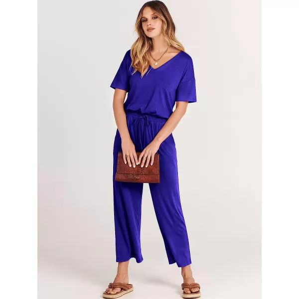 imageANRABESS Women Short Sleeve Summer Casual V Neck Elastic Waist Wide Leg Cropped Pant Jumpsuits Rompers with Pockets02royal Blue