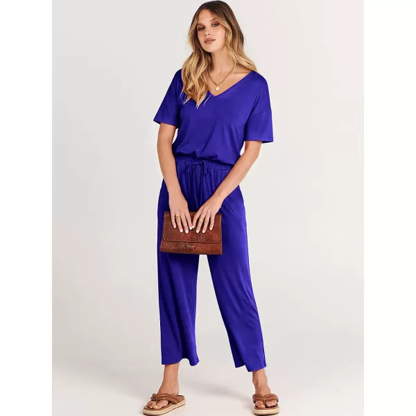 imageANRABESS Women Short Sleeve Summer Casual V Neck Elastic Waist Wide Leg Cropped Pant Jumpsuits Rompers with Pockets02royal Blue