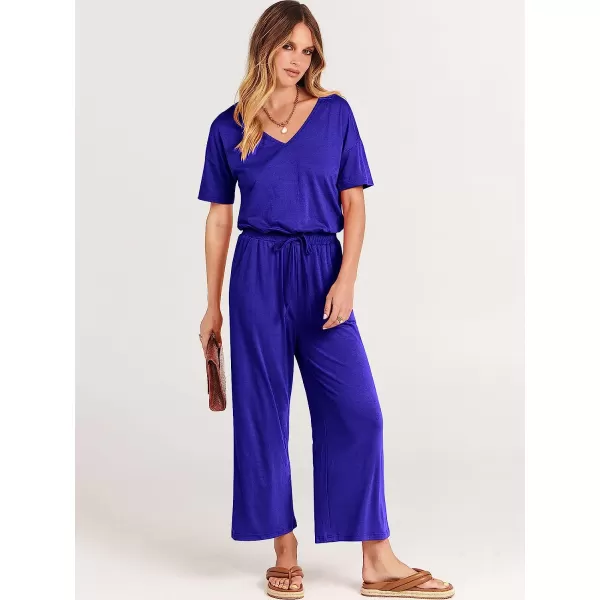 imageANRABESS Women Short Sleeve Summer Casual V Neck Elastic Waist Wide Leg Cropped Pant Jumpsuits Rompers with Pockets02royal Blue