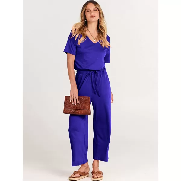 imageANRABESS Women Short Sleeve Summer Casual V Neck Elastic Waist Wide Leg Cropped Pant Jumpsuits Rompers with Pockets02royal Blue