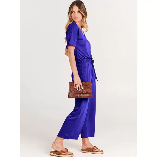 imageANRABESS Women Short Sleeve Summer Casual V Neck Elastic Waist Wide Leg Cropped Pant Jumpsuits Rompers with Pockets02royal Blue